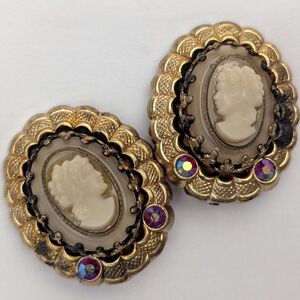 Vtg Molded Glass Cameo Clip On Earrings w/ Rhinestone Accents Made in W. Germany